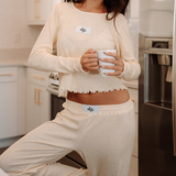 Daisy Pointelle Knit Pant With Lettuce Hem And Patch