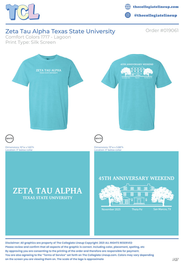 Zeta Tau Alpha ZTA Reunion Shirt #19061 Individual Shipping