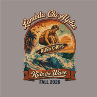 A square graphic design for a Lambda Chi Alpha sorority shirt, featuring a retro-style illustration of a surfer riding a wave with the text 'Lambda Chi Alpha', 'Rush Chops', and 'Ride the Wave FALL 2026'. The design is displayed on a solid gray background.