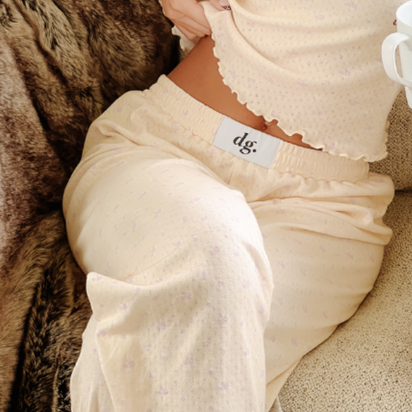 POINTELLE KNIT PANT WITH LETTUCE HEM AND PATCH