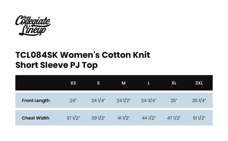 Size chart for WOMENS COTTON KNIT SHORT SLEEVE PJ TOP