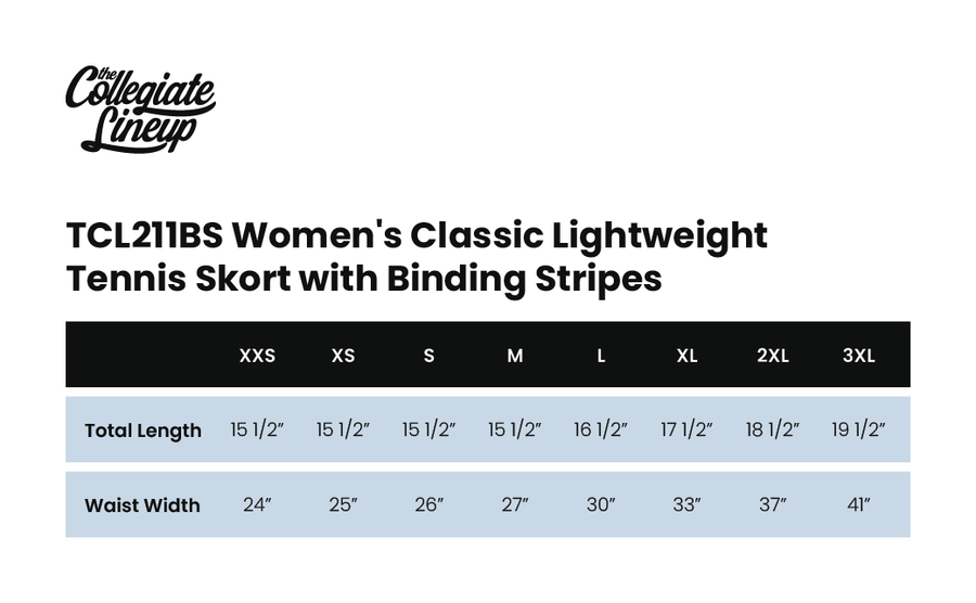 Size chart for Women's Classic Lightweight Tennis Skort with Binding Stripes