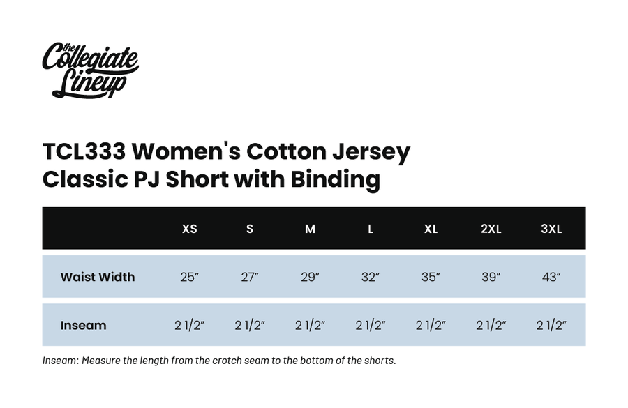 Size chart for WOMEN'S COTTON JERSEY CLASSIC PJ SHORT WITH BINDING