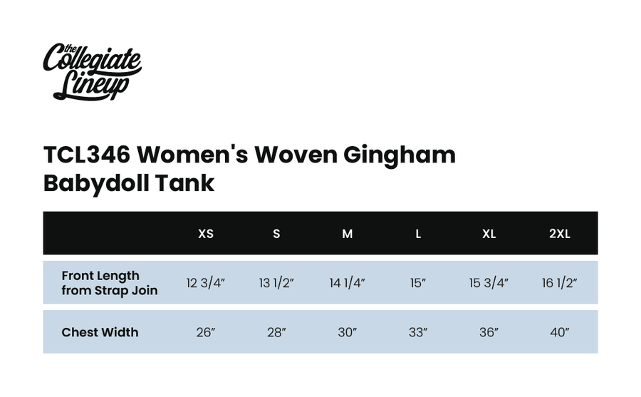 Size chart for WOMEN'S WOVEN GINGHAM BABYDOLL TANK