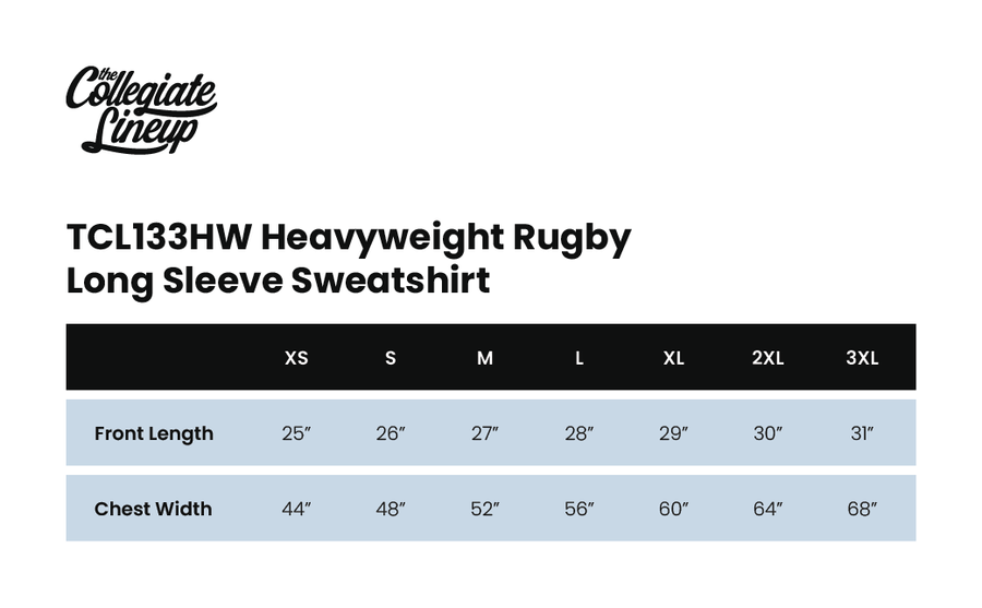 Size chart for HEAVYWEIGHT RUGBY LONG SLEEVE SWEATSHIRT
