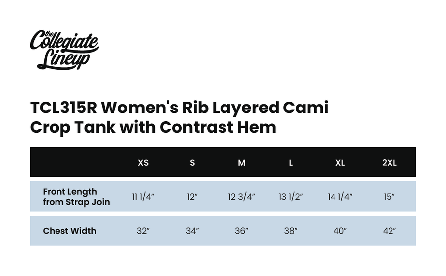 Size chart for WOMEN'S RIB LAYERED CAMI CROP TANK WITH CONTRAST HEM