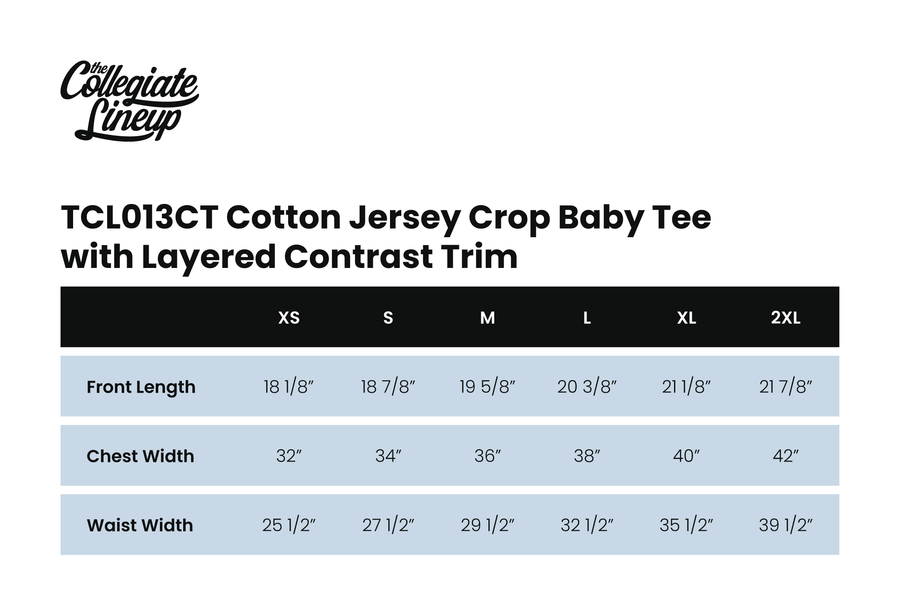Size chart for COTTON JERSEY CROP BABY TEE WITH LAYERED CONTRAST TRIM