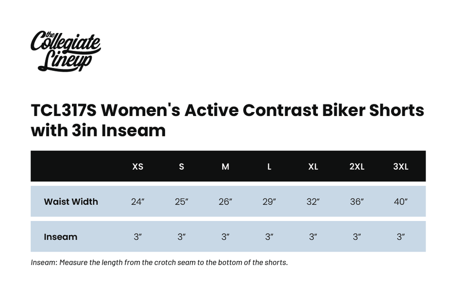 Size chart for WOMEN'S ACTIVE CONTRAST WAISTBAND BIKER SHORT WITH 3" INSEAM