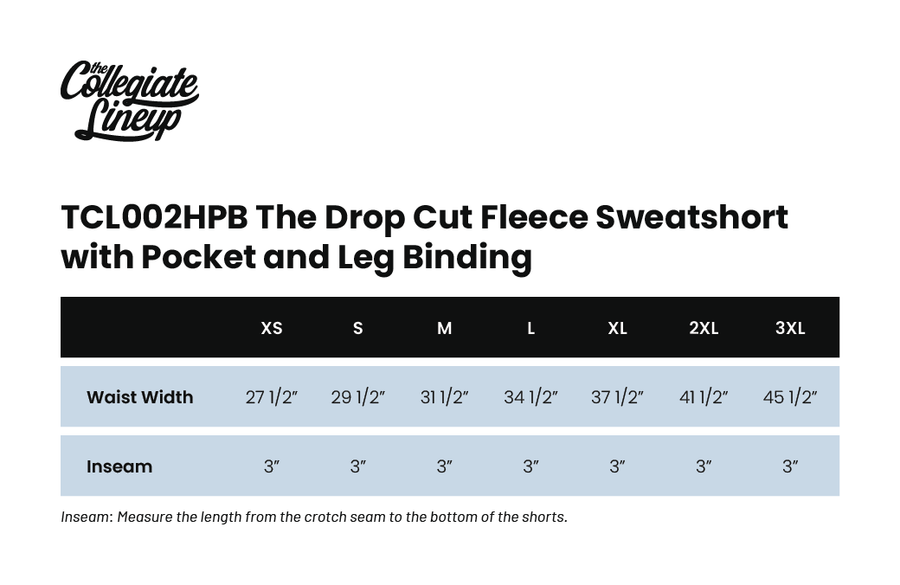 Size chart for THE DROP CUT FLEECE SWEATSHORT WITH POCKET AND LEG BINDING