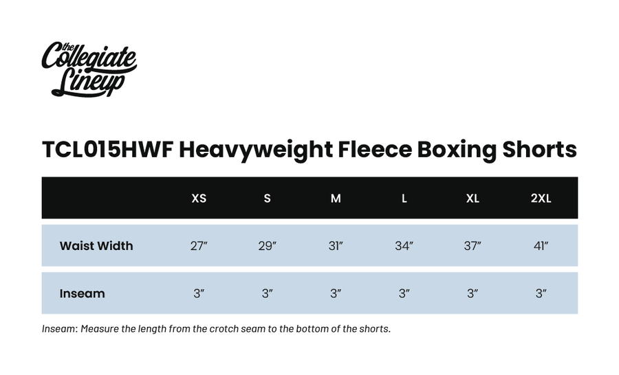 Size chart for HEAVYWEIGHT FLEECE BOXING SHORT