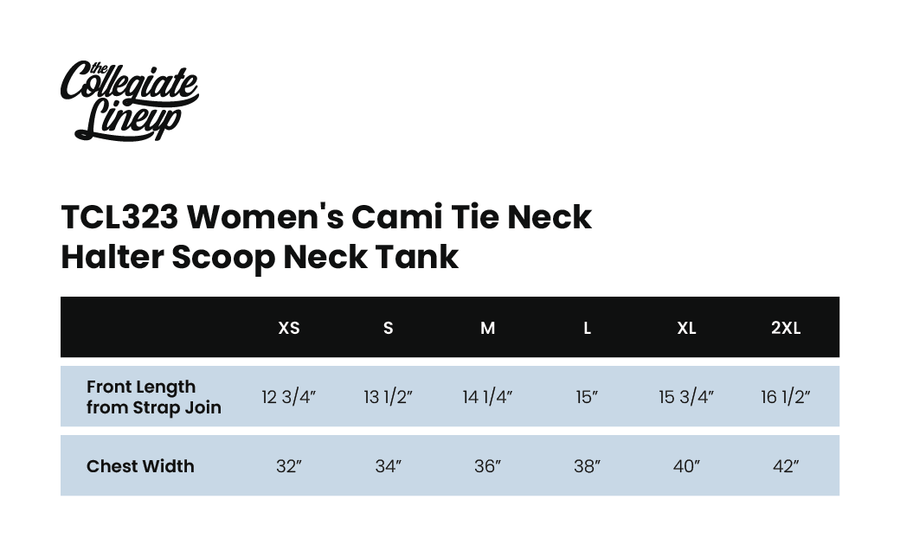 Size chart for WOMEN'S CAMI TIE NECK HALTER SCOOP NECK TANK