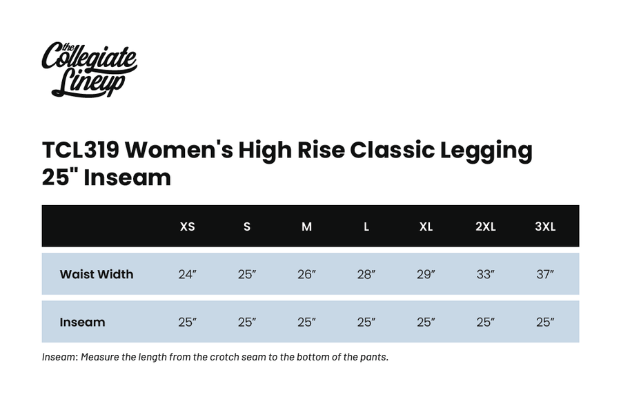 Size chart for WOMEN'S HIGH RISE CLASSIC LEGGING 25" INSEAM