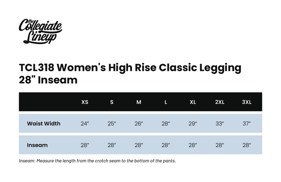 Size chart for WOMEN'S HIGH RISE CLASSIC LEGGING 28" INSEAM