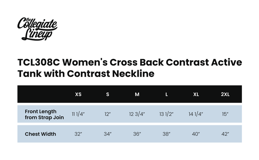 Size chart for WOMEN'S CROSS BACK CONTRAST ACTIVE TANK WITH CONTRAST NECKLINE