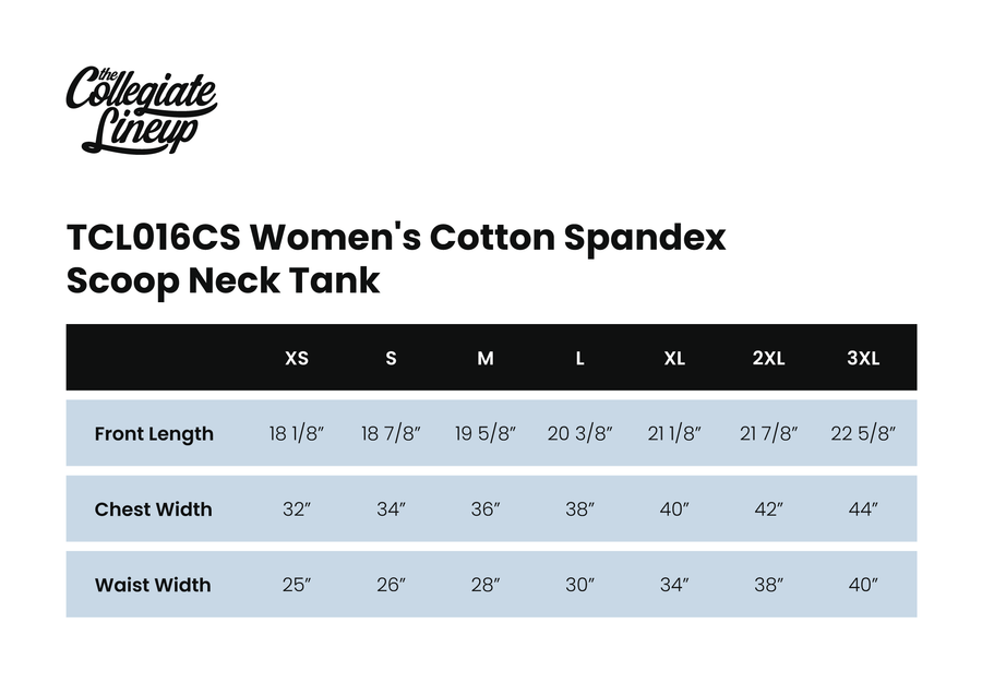 Size chart for WOMEN'S COTTON SPANDEX JERSEY SCOOP NECK TANK