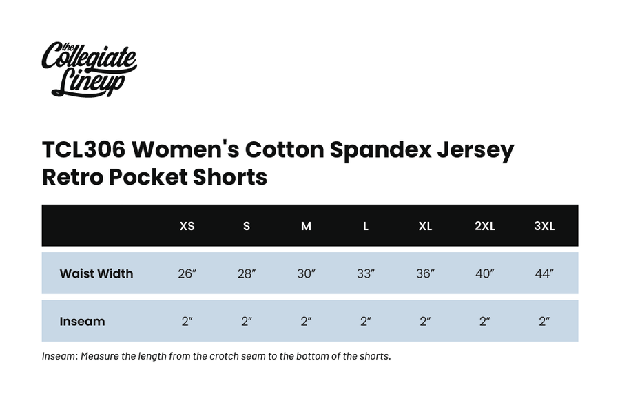 Size chart for WOMEN'S COTTON SPANDEX JERSEY RETRO POCKET SHORTS