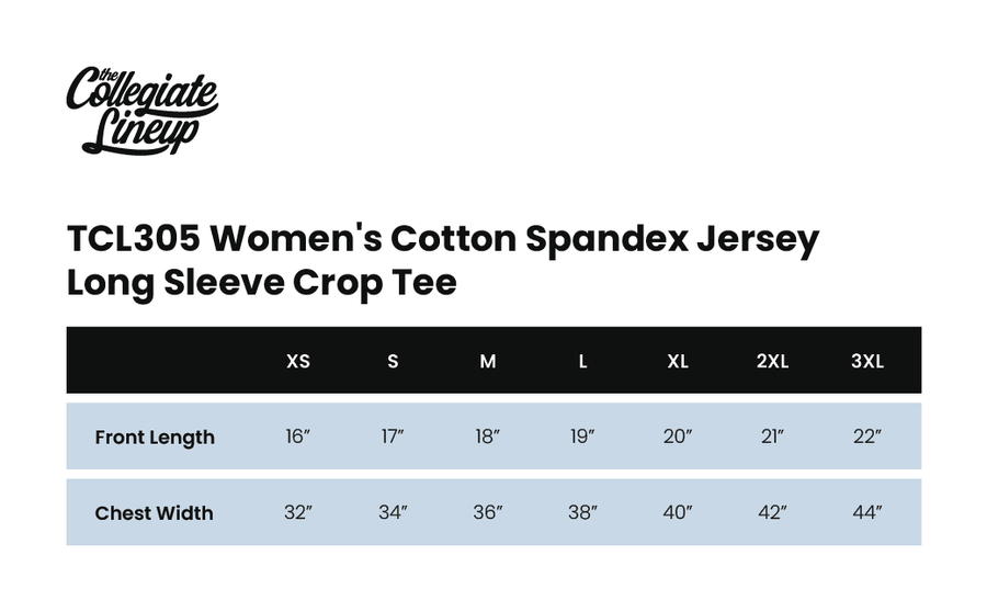Size chart for WOMEN'S COTTON SPANDEX JERSEY LONG SLEEVE CROP TEE