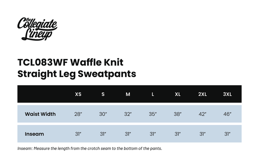 Size chart for WAFFLE KNIT STRAIGHT LEG SWEATPANT