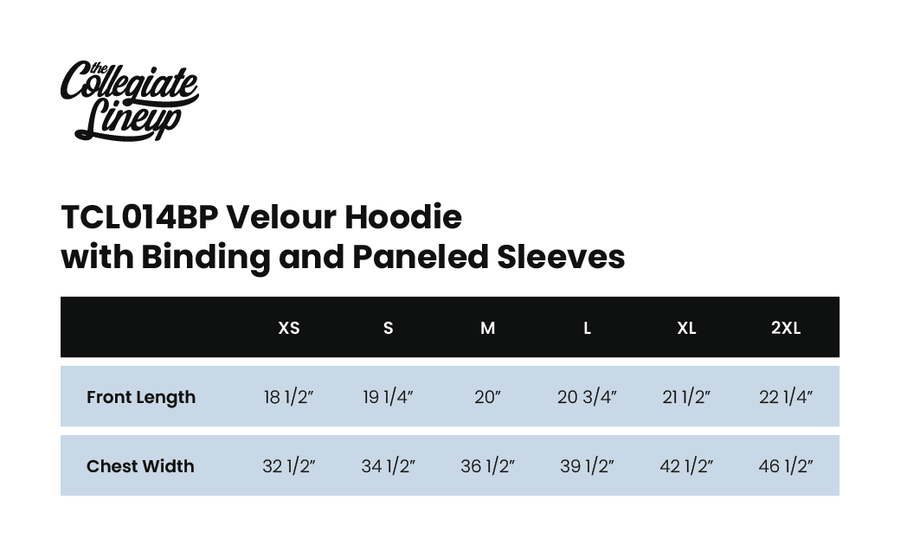 Size chart for VELOUR HOODIE WITH BINDING AND PANELED SLEEVES