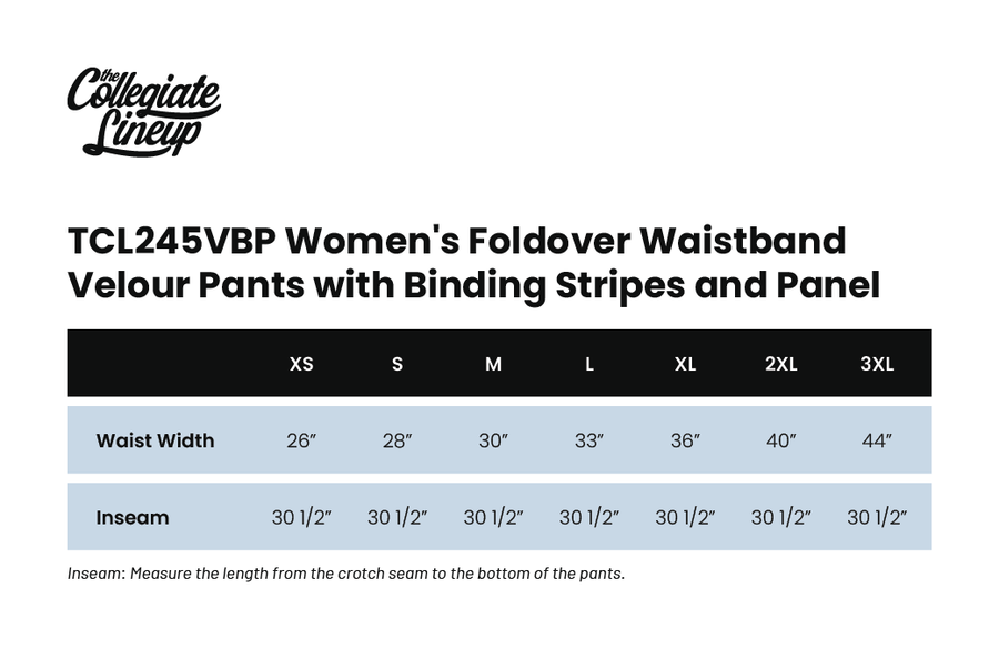 Size chart for WOMEN'S FOLDOVER WAISTBAND VELOUR FLARE PANTS WITH BINDING STRIPES AND PANEL