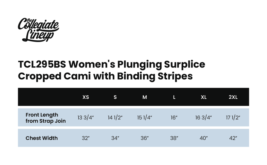Size chart for WOMEN'S PLUNGING SURPLICE CROPPED CAMI WITH BINDING STRIPES