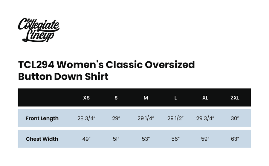 Size chart for WOMEN'S CLASSIC OVERSIZED BUTTON DOWN SHIRT