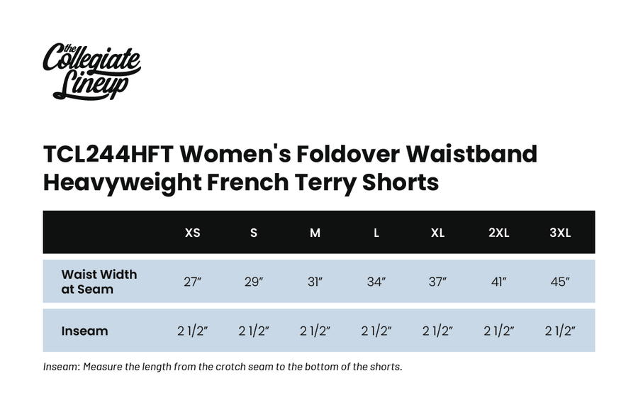 Size chart for WOMEN'S FOLDOVER WAISTBAND HEAVYWEIGHT FRENCH TERRY SHORTS