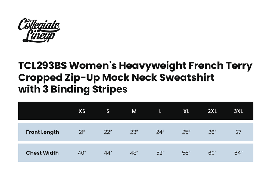 Size chart for WOMEN'S HEAVYWEIGHT FRENCH TERRY CROPPED ZIP UP MOCK NECK SWEATSHIRT WITH 3 BINDING STRIPES