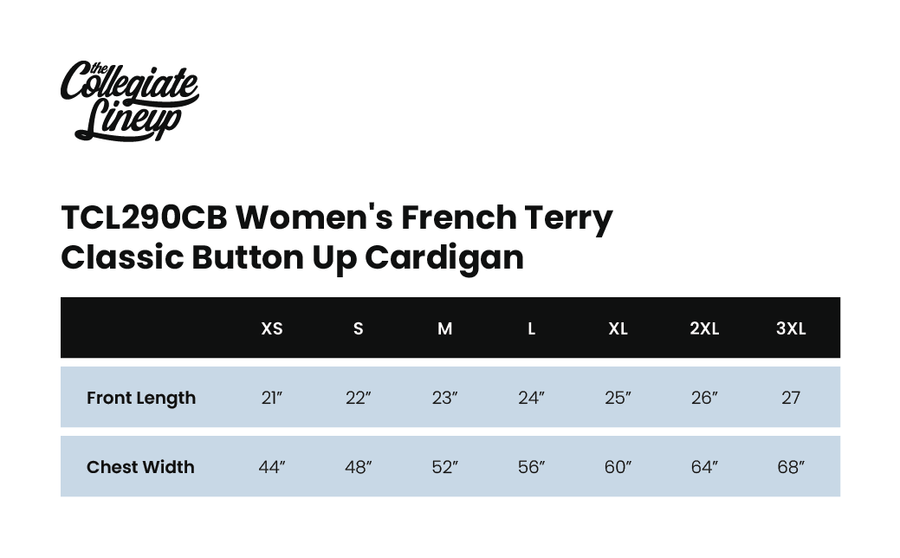 Size chart for WOMEN'S FRENCH TERRY CLASSIC BUTTON UP CARDIGAN