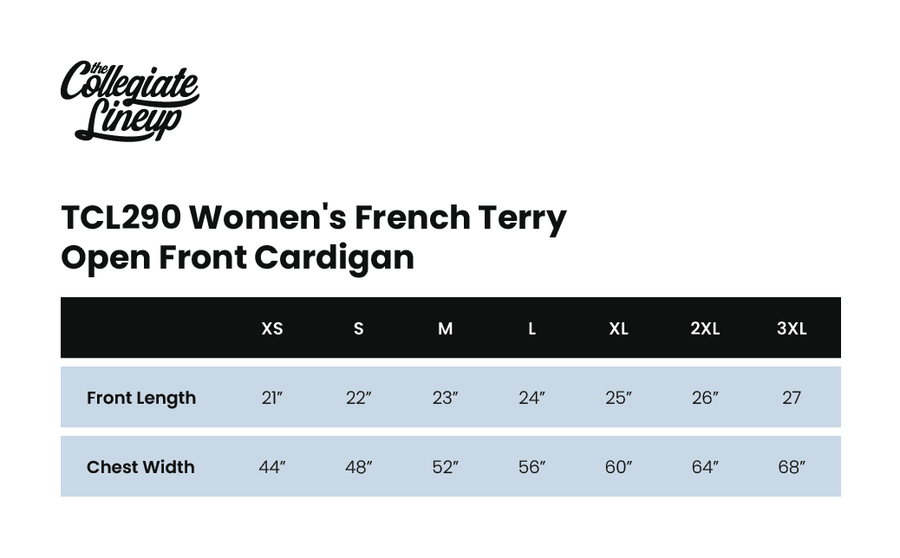 Size chart for WOMEN'S FRENCH TERRY OPEN FRONT CARDIGAN