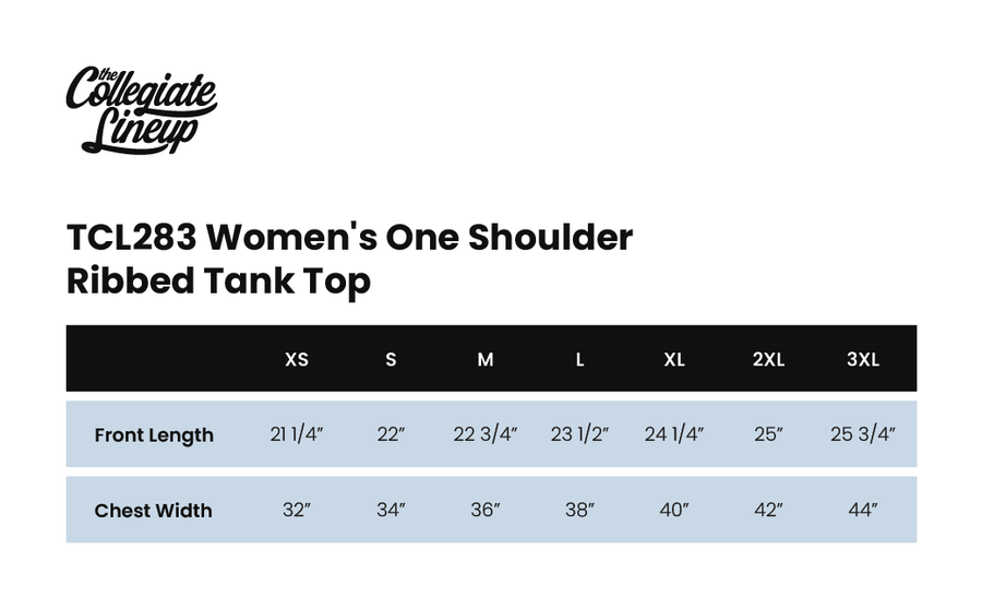 Size chart for WOMEN'S ONE SHOULDER RIBBED TANK TOP