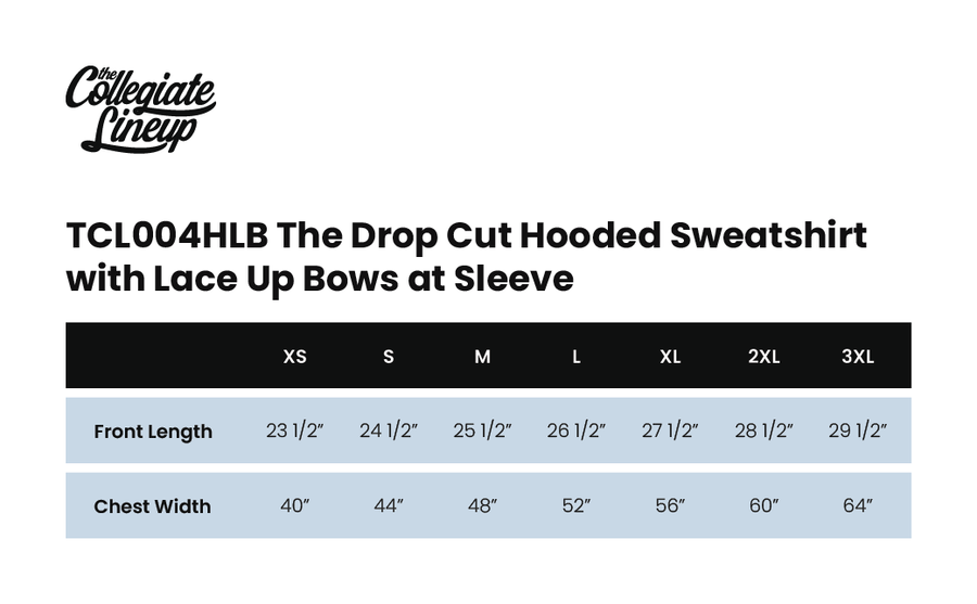 Size chart for THE DROP CUT HOODED SWEATSHIRT WITH LACE UP BOWS AT SLEEVE