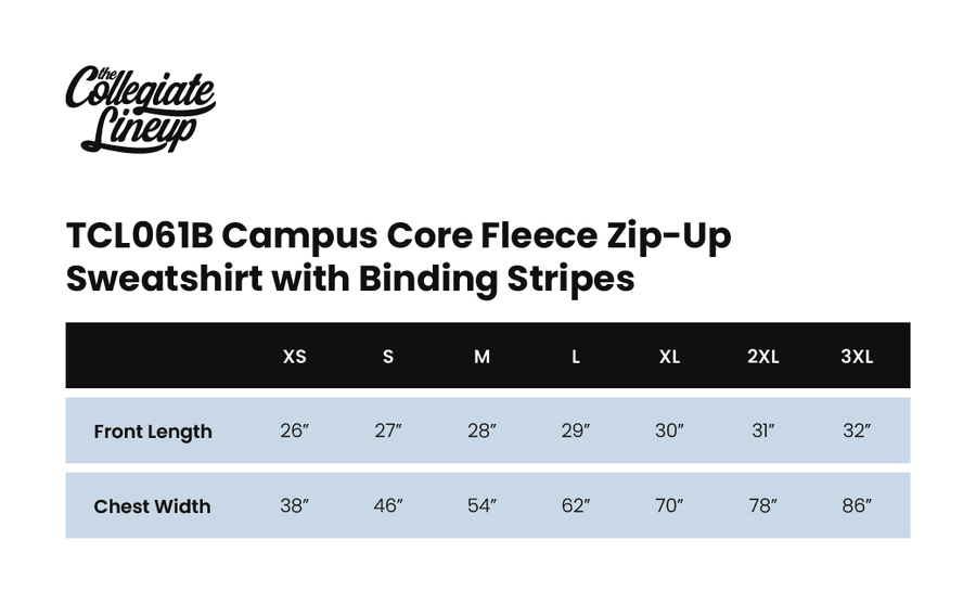 Size chart for CORE COZY FLEECE ZIP UP SWEATSHIRT WITH BINDING STRIPES