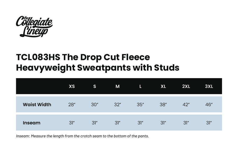 Size chart for THE DROP CUT FLEECE HEAVYWEIGHT SWEATPANTS WITH STUDS
