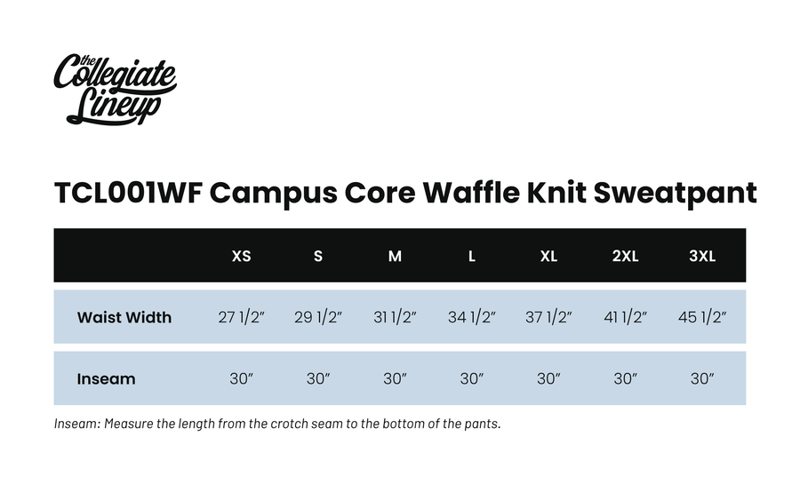 Size chart for CAMPUS CORE WAFFLE KNIT SWEATPANT
