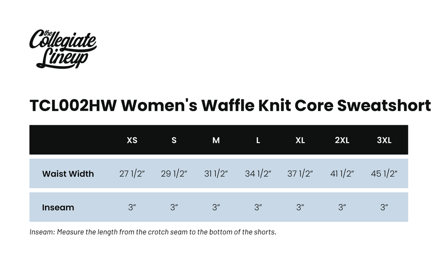 Size chart for WOMEN'S WAFFLE KNIT CORE SWEATSHORT