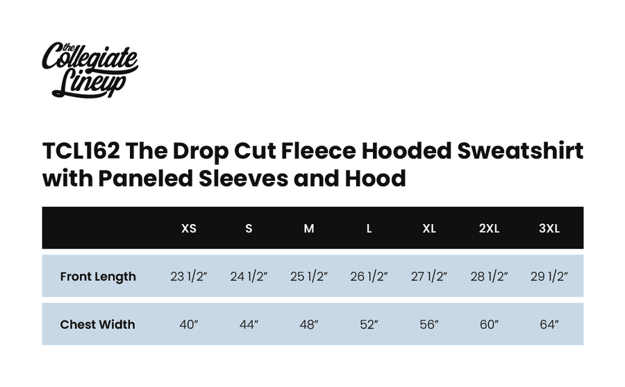 Size chart for THE DROP CUT FLEECE HOODED SWEATSHIRT WITH PANELED SLEEVES AND HOOD