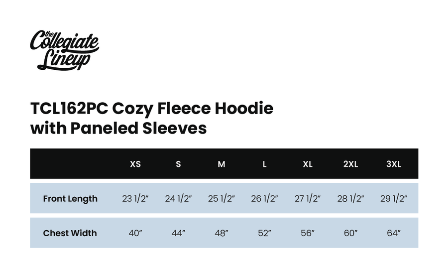 Size chart for COZY FLEECE HOODED SWEATSHIRT WITH PANELED SLEEVES