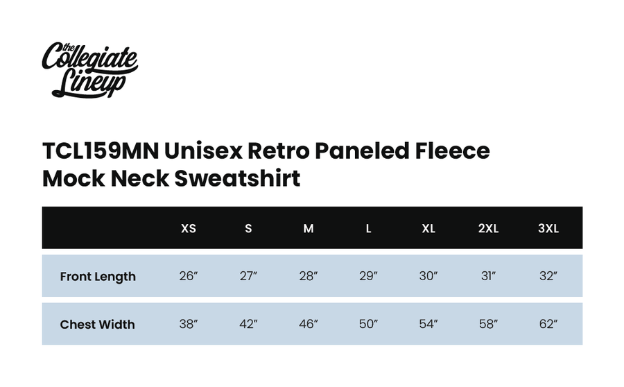 Size chart for UNISEX RETRO PANELED FLEECE MOCK NECK SWEATSHIRT