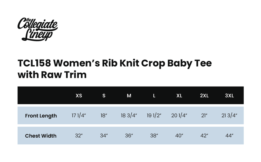 Size chart for WOMEN'S RIB KNIT CROP BABY TEE WITH RAW TRIM
