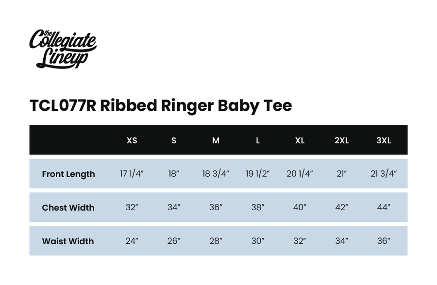Size chart for RINGER RIBBED BABY TEE