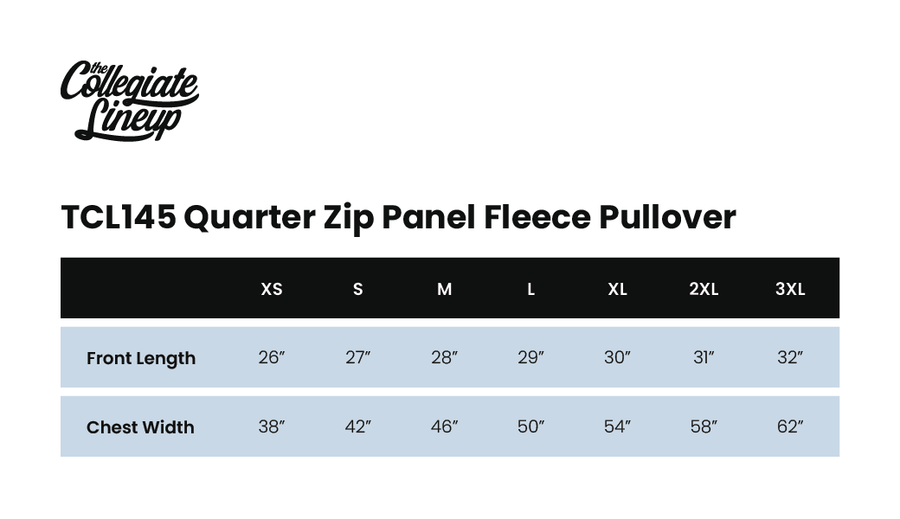 Size chart for QUARTER ZIP WITH PANELS