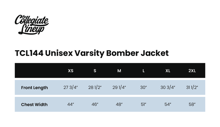 Size chart for UNISEX SATIN BOMBER JACKET