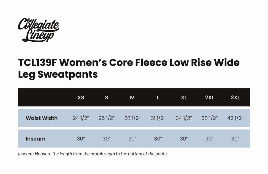 Size chart for WOMEN'S CORE FLEECE LOW RISE WIDE LEG SWEATPANTS
