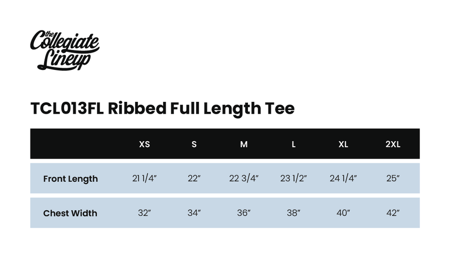 Size chart for RIBBED FULL LENGTH TEE