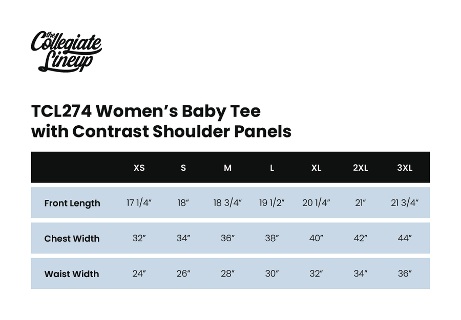 Size chart for WOMEN'S BABY TEE WITH CONTRAST SHOULDER PANELS