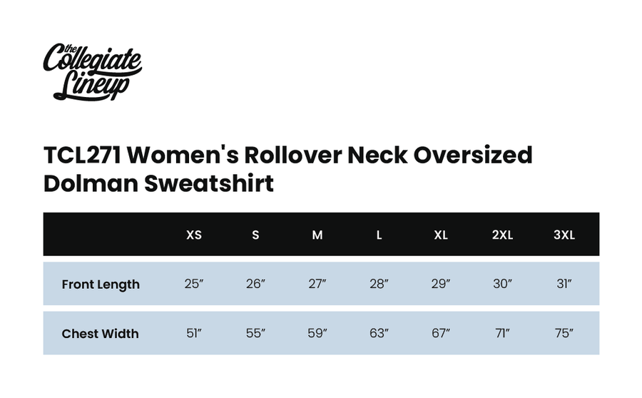 Size chart for WOMEN'S ROLLOVER NECK OVERSIZED DOLMAN SWEATSHIRT