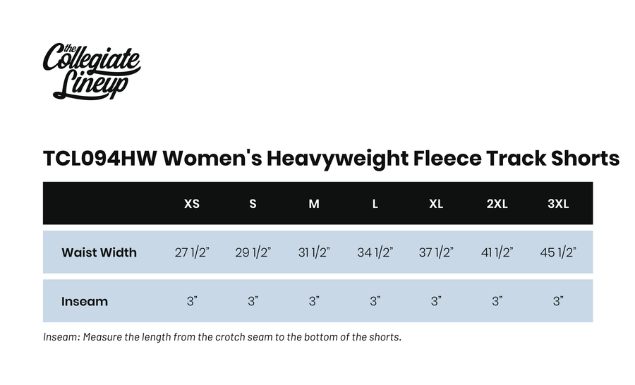 Size chart for WOMEN'S HEAVYWEIGHT FLEECE TRACK SHORTS