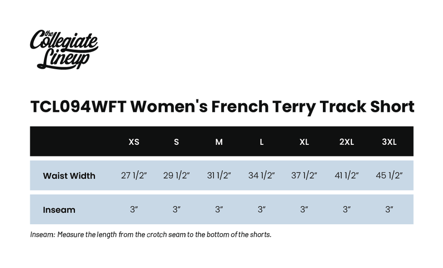 Size chart for WOMEN'S FRENCH TERRY TRACK SHORTS
