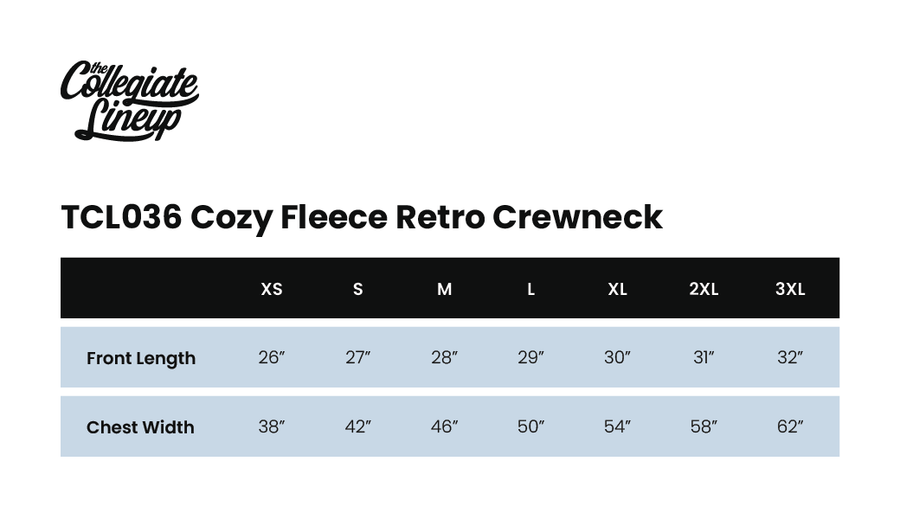 Size chart for COZY FLEECE RETRO CREWNECK